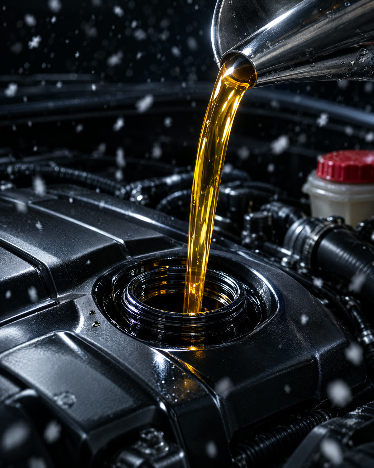 Huile neuve versée dans un moteur