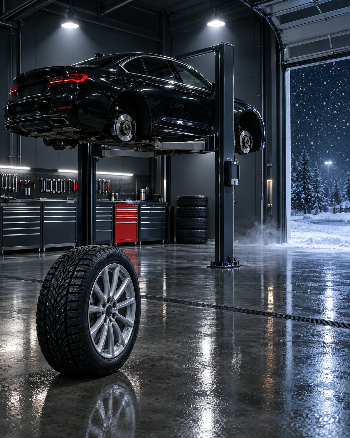 Garage chauffé avec une voiture sur un pont élévateur